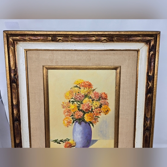 Do R'e Original Oil Painting Vintage Blue Vase With Orange-Yellow Chrysanthemums - Picture 2 of 12